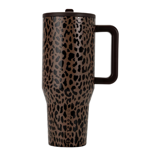 HydroJug - Insulated Tumbler with Handle & Straw Brown Leopard